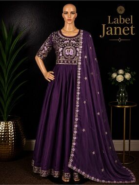 Embroidered Purple Anarkali Dress with Gold Accents (M upto L) Brand New